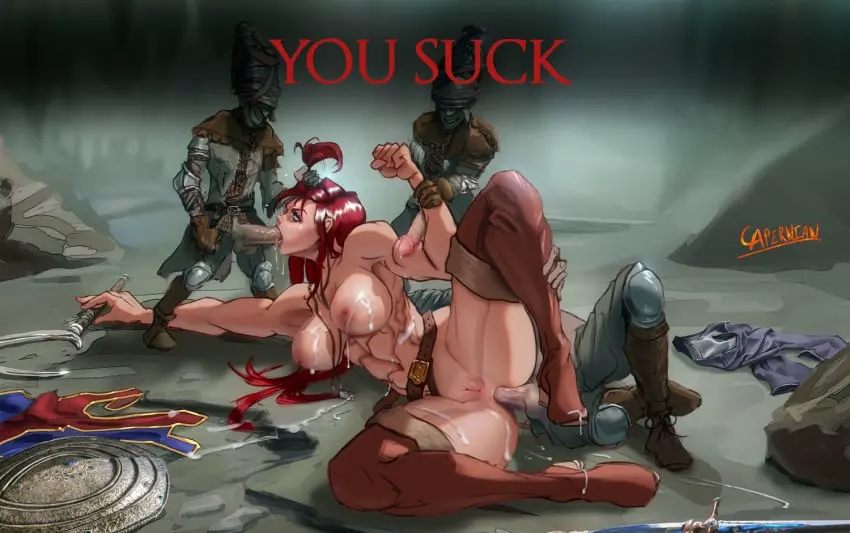 Image big_breasts,breasts,female,cum,red_hair,anal,cum_on_breasts,blowjob,restrained,defeated,rape,weapon,gangbang,functionally_nude,armor,sword,head_grab,shield,elden_ring,fromsoftware,tarnished,capernian,minyerva,vulgar_militiamen