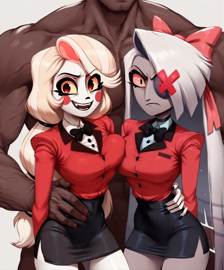 Image big_breasts,breasts,clothing,female,smile,1boy,2girls,male,dark-skinned_male,muscular,muscular_male,ai_generated,tagme,demon,demon_girl,high_resolution,hazbin_hotel,imminent_sex,vaggie_(hazbin_hotel),verbalase_(youtuber),relaps63,charlie_morningstar,vaggie