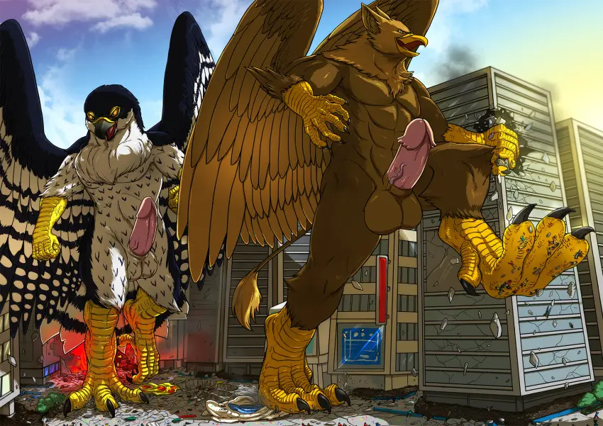 Image male,nude,penis,tail,yellow_eyes,duo,erection,humanoid_penis,muscular,muscular_male,2boys,male_only,balls,feathered_wings,feathers,wings,anthro,mythology,testicles,fur,genitals,multicolored_body,multicolored_fur,claws,black_body,5_fingers,white_body,avian,humanoid_genitalia,multicolored_feathers,brown_fur,mythological_creature,brown_body,white_fur,black_fur,macro,stomping,city,micro,4_toes,destruction,3_toes,talons,gryphon,mythological_avian,multicolored_wings,barbed_corona_glans,carpo,rampage,2anthro,tatugon,corvidius_(character)