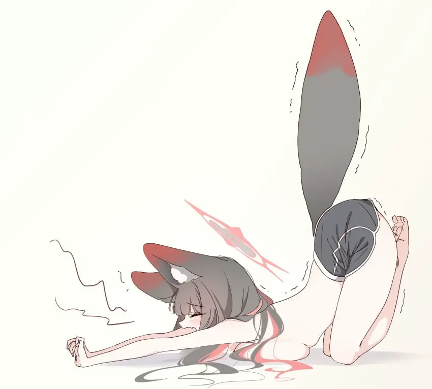 Image breasts,female,large_breasts,no_bra,blue_archive,barefoot,closed_eyes,topless,soles,fox_girl,wakamo_(blue_archive),toes,flexing,squished_breasts,yawn,yawning,dolphin_shorts,seven_prisoners_(blue_archive),flexing_arms,erect_tail