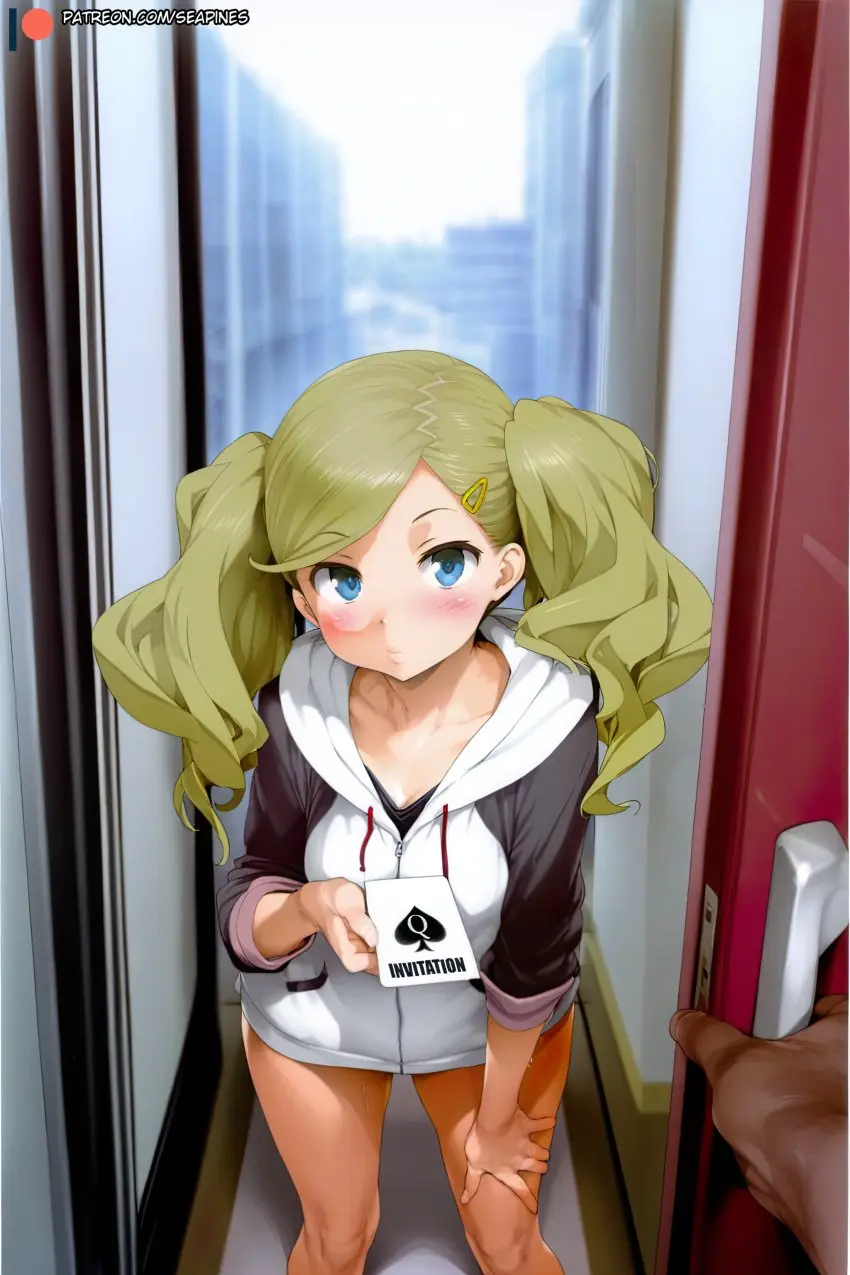 Image blush,breasts,clothing,female,hair_ornament,long_hair,looking_at_viewer,shirt,solo,1boy,bangs,blue_eyes,male,patreon_username,watermark,ai_generated,cleavage,solo_focus,blonde_hair,medium_breasts,hairclip,tied_hair,indoors,pov,twintails,high_resolution,hood,persona,swept_bangs,hoodie,pantyhose,persona_5,pov_hands,ann_takamaki,very_high_resolution,web_address,door,large_filesize,username,seapine,pov_doorway