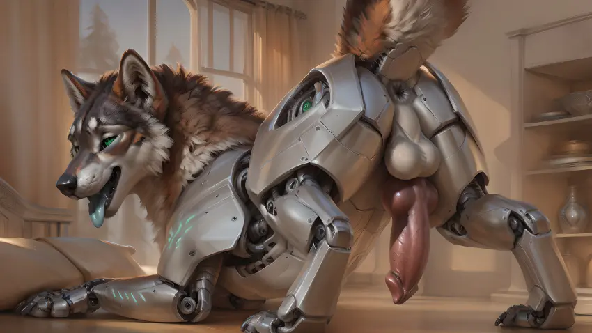 Image hi_res, looking_at_viewer, smile, solo, male, tongue_out, tongue, ass, ai_generated, balls, anus, ahe_gao, absurd_res, looking_pleasured, presenting, canid, canine, canis, fur, genitals, inside, mammal, wolf, detailed, white_body, animal_genitalia, canine_genitalia, knot, raised_tail, feral, glowing, light, machine, robot, lighting, keydraw