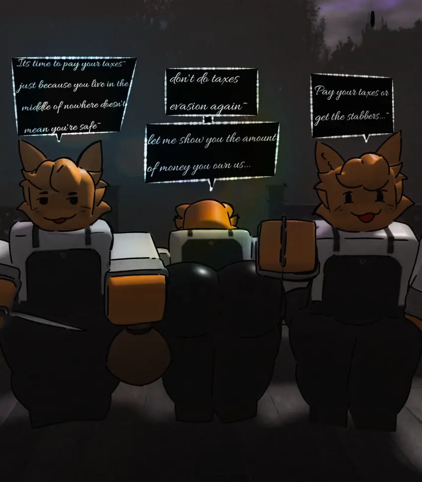 Image clothed,clothing,looking_at_viewer,furry,ass,big_ass,big_butt,thick_thighs,anthro,artist_request,3d,holding_object,yellow_fur,holding,english_text,back_view,furry_only,front_view,text_bubble,holding_weapon,forest,talking_to_viewer,domestic_cat,roblox,robloxian,threatening,roblox_game,source_request,black_text,knife,no_tail,same_clothing,stupid_looking,tax_collector_(tower_heroes),tower_heroes