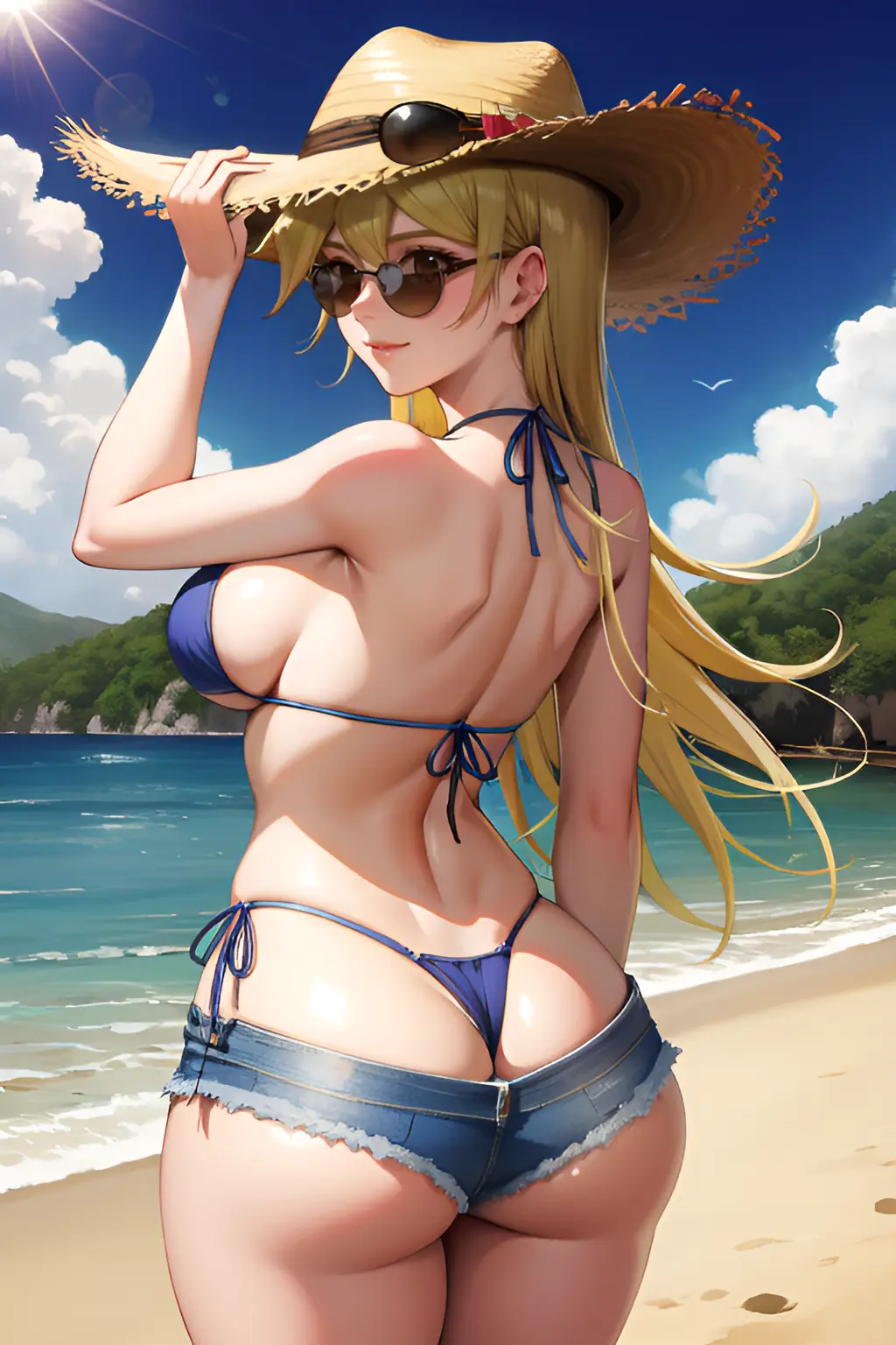 Image female,hi_res,smile,bikini,ass,voluptuous,ai_generated,blonde_hair,thick_ass,yu-gi-oh!,rear_view,looking_at_another,yu-gi-oh!_arc-v,beach_background,micro_shorts,alexis_rhodes,tenjouin_asuka,yu-gi-oh!_gx,khenai