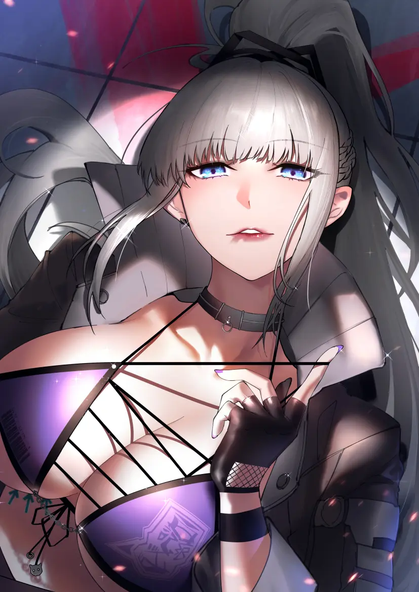 Image breasts,female,grey_hair,large_breasts,light-skinned_female,blue_eyes,choker,bra,biting_lip,underboob,high_resolution,fingerless_gloves,non_nude,teasing,teasing_viewer,purple_nails,bra_lift,open_jacket,bra_strap,beckoning,small_bra,arrow_(symbol),bra_strap_pull,purple_bra,bai_yi_(path_to_nowhere),path_to_nowhere,arrow_pointing_to_breasts,babayaga,too_busty_to_hide