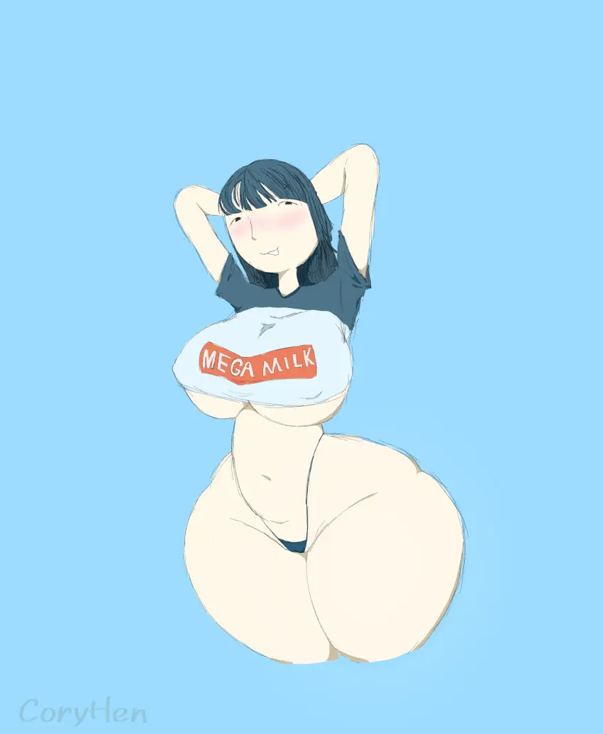 Image 1girls,blush,breasts,female,blue_hair,blue_background,colored,thick_thighs,wide_hips,hands_behind_head,artist_name,nose,huge_breasts,self_upload,bottomless,thong,mega_milk,hands,coryhen_(artist),cona_(coryhen)