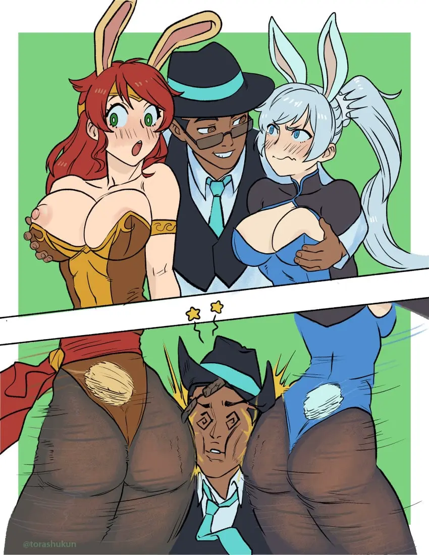 Image blush,breasts,brown_eyes,exposed_breasts,female,large_breasts,light-skinned_female,nipples,white_hair,1boy,2girls,black_hair,blue_eyes,ffm_threesome,male,multiple_girls,threesome,red_hair,ass,dark-skinned_male,color,2d,green_eyes,bunny_girl,bunnysuit,breast_squeeze,rwby,imminent_sex,pyrrha_nikos,weiss_schnee,glare,illustration,snowbunny,grope_from_behind,flynt_coal,torashu-kun