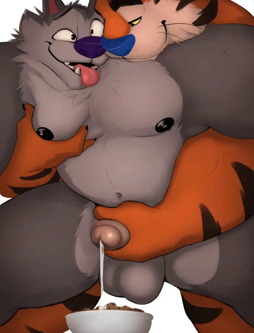 Image hi_res,looking_at_viewer,nipples,simple_background,smile,cum,cum_drip,male,nude,penis,yellow_eyes,big_penis,sex,duo,erection,areola,male/male,belly,digital_drawing_(artwork),digital_media_(artwork),balls,anthro,absurd_res,big_balls,genital_fluids,2022,bodily_fluids,canid,canine,canis,fur,genitals,mammal,wolf,orange_body,feline,biped,dripping,mascot,brown_fur,brown_body,orange_fur,felid,overweight,felis,pantherine,stripes,tiger,moobs,overweight_male,striped_body,striped_fur,food,overweight_anthro,moob_grab,blue_nose,purple_nose,cereal,frosted_flakes,kellogg's,tony_the_tiger,mosin,cereal_mascot,cereal_bowl,chip_the_wolf,cookie_crisp