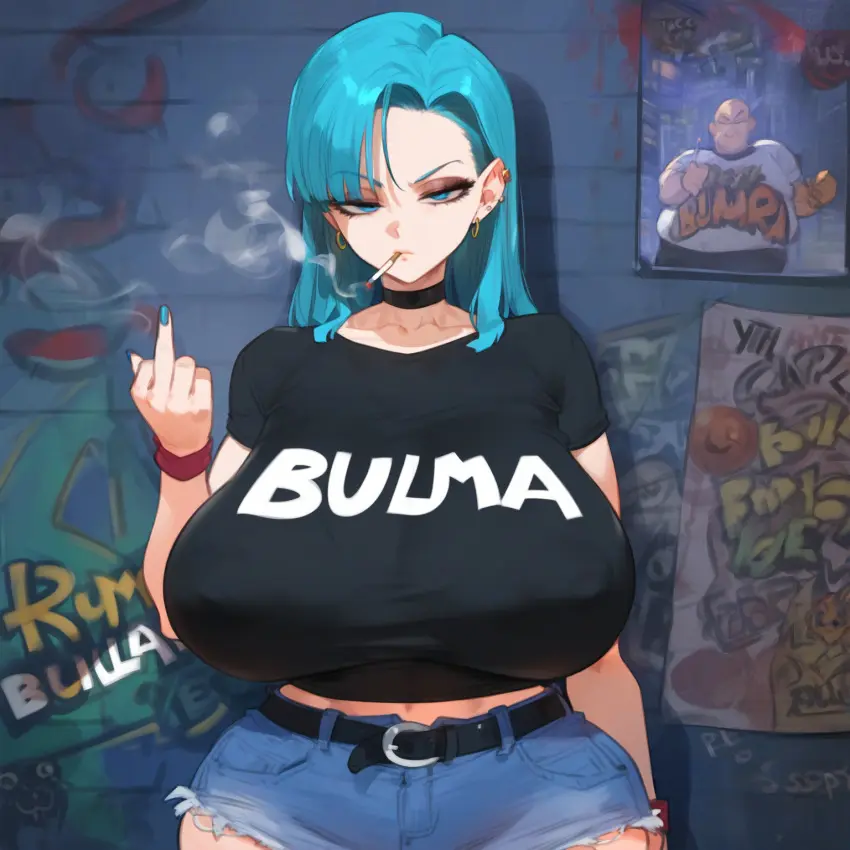 Image breasts,female,blue_eyes,earrings,ai_generated,huge_breasts,breasts_bigger_than_head,tagme,dragon_ball,dragon_ball_z,self_upload,tight_clothing,ear_piercing,middle_finger,cigarette,smoking,bulma_briefs,bulma_briefs_(garlic_jr_saga)
