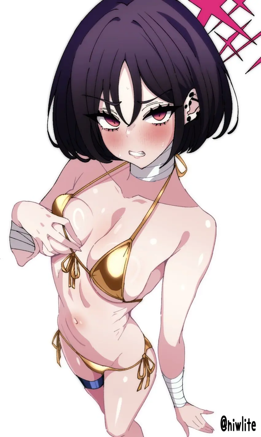 Image blush,breasts,female,highres,red_eyes,simple_background,white_background,black_hair,navel,short_hair,blue_archive,bikini,high-angle_view,embarrassed,eyelashes,piercing,medium_breasts,swimsuit,halo,sweatdrop,clenched_teeth,hair_between_eyes,micro_bikini,ear_piercing,angry,bandaged_arm,bandages,side-tie_bikini_bottom,gold_bikini,arius_satellite_school_student,arius_squad_(blue_archive),misaki_(blue_archive),niwlite