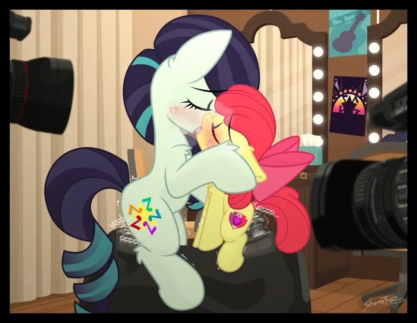 Image female,hi_res,duo,accurate_art_style,mammal,sex_toy,yuri,dildo,female/female,kissing,friendship_is_magic,hasbro,my_little_pony,younger_female,feral,equid,equine,older_female,vibrator,age_difference,camera,apple_bloom_(mlp),cub,dressing_room,sybian,sherathoz,coloratura_(mlp),female/fe