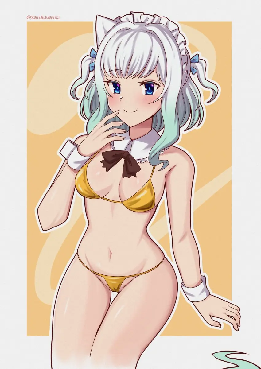Image 1girls,blush,breasts,clothing,female,hi_res,highres,looking_at_viewer,solo,white_hair,blue_eyes,navel,bikini,small_breasts,thighs,gradient_hair,smiling,smiling_at_viewer,virtual_youtuber,bare_shoulders,bare_thighs,belly_button,solo_female,solo_focus,thigh_gap,vtuber,medium_breasts,pale_skin,cameltoe,detached_collar,twintails,green_hair,maid_headdress,swimwear,indie_virtual_youtuber,exposed_shoulders,camel_toe,ghost_tail,tummy,ghost_girl,golden_bikini,mint_fantome,detached_cuffs,xanadu_avici,xanaduavici