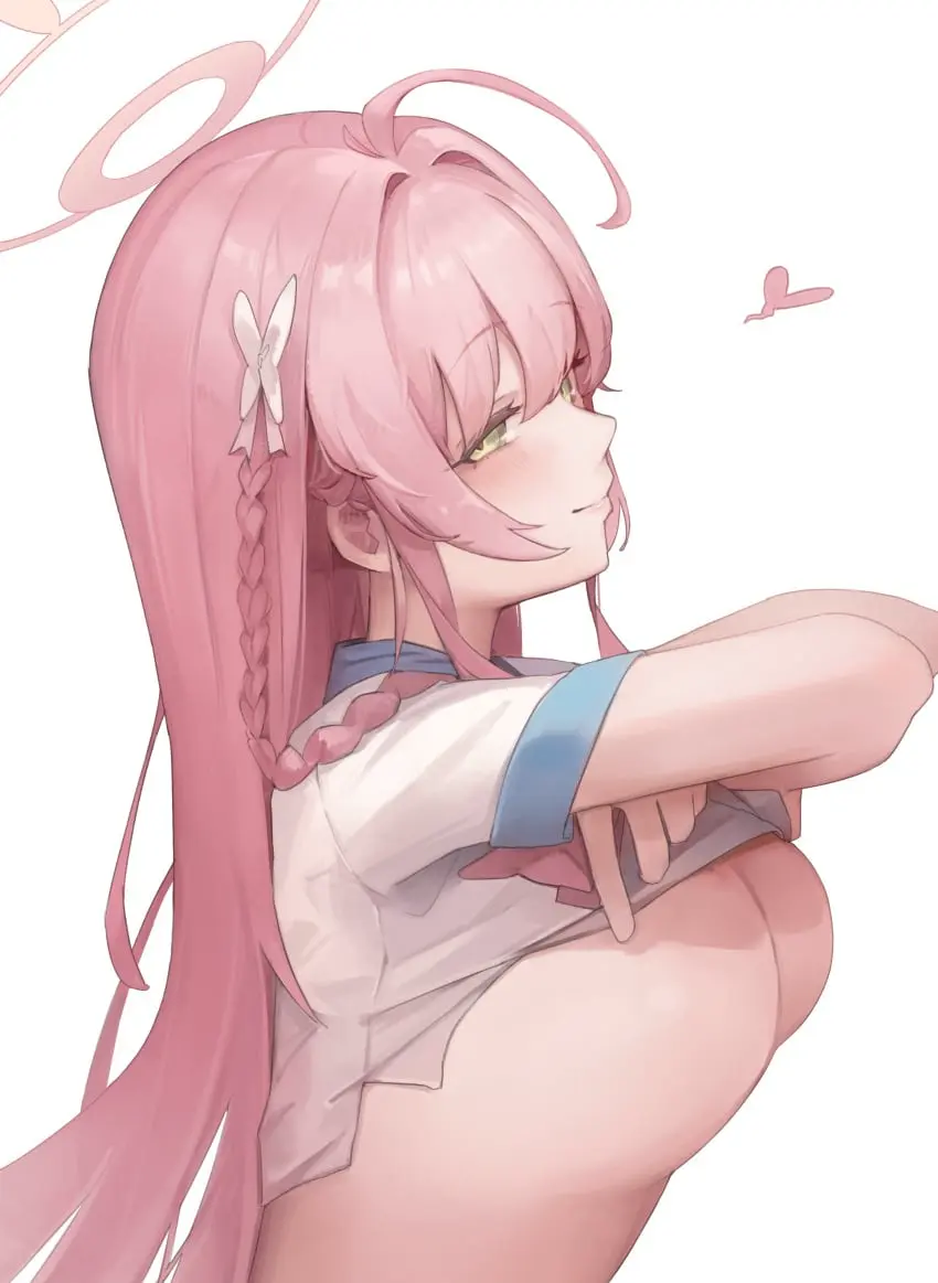 Image blush,breasts,female,highres,large_breasts,long_hair,looking_at_viewer,no_bra,shirt,simple_background,smile,solo,very_long_hair,white_background,absurdres,sidelocks,blue_archive,underboob,pink_hair,green_eyes,halo,school_uniform,ahoge,braid,hair_between_eyes,lifted_by_self,closed_mouth,short_sleeves,upper_body,ribbon,white_shirt,serafuku,from_side,clothes_lift,shirt_lift,heart,undressing,trinity_general_school_student,sailor_collar,hanako_(blue_archive),make-up_work_club_(blue_archive),jun_daniell