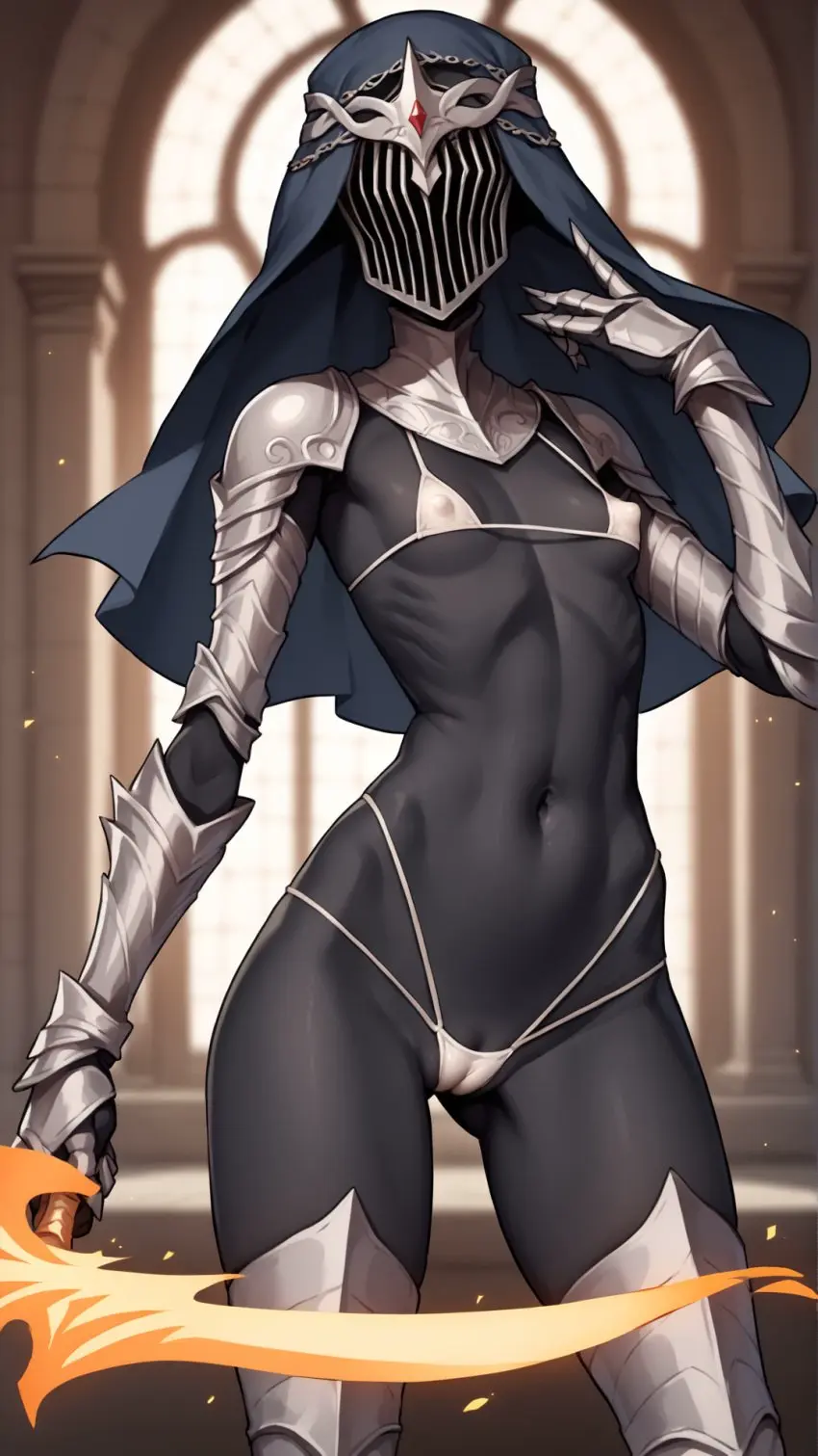 Image 1girls,breasts,female,solo,standing,navel,bikini,small_breasts,ai_generated,covered_nipples,ass_visible_through_thighs,stable_diffusion,swimsuit,indoors,cameltoe,black_skin,micro_bikini,contrapposto,skinny,thong,colored_skin,window,fire,gauntlets,facing_viewer,sword,helmet,ribs,veil,holding_sword,dark_souls,dark_souls_3,greaves,autismmix_pony(model),marusame,dancer_of_the_boreal_valley