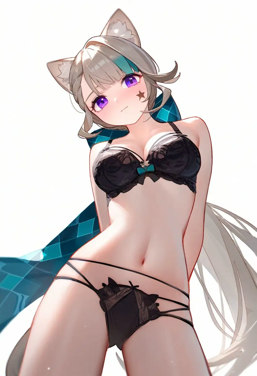 Image 1girls,blush,breasts,female,female_only,grey_hair,light-skinned_female,light_skin,long_hair,looking_at_viewer,simple_background,solo,standing,white_background,bra,underwear,female_focus,cat_ears,catgirl,ai_generated,belly_button,solo_female,solo_focus,medium_breasts,purple_eyes,cat_tail,genshin_impact,hourglass_figure,low-angle_view,young,thong,younger_female,mihoyo,hoyoverse,ai,arms_behind_back,lynette_(genshin_impact),pixma