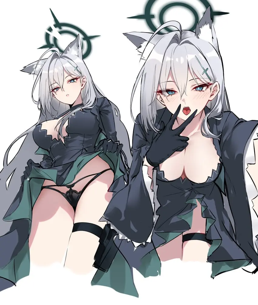 Image blush,breasts,female,grey_hair,highres,large_breasts,long_hair,open_mouth,very_long_hair,absurdres,animal_ears,black_gloves,blue_eyes,gloves,tongue_out,blue_archive,panties,tongue,underwear,animal_ear_fluff,cleavage,parted_lips,dress,ahoge,black_panties,dress_lift,lifted_by_self,hair_intakes,black_dress,clothes_lift,multiple_views,multi_ear,shiroko_(blue_archive),mismatched_pupils,hair_behind_ear,shiroko_(terror)_(blue_archive),cunnilingus_gesture,shigure_s