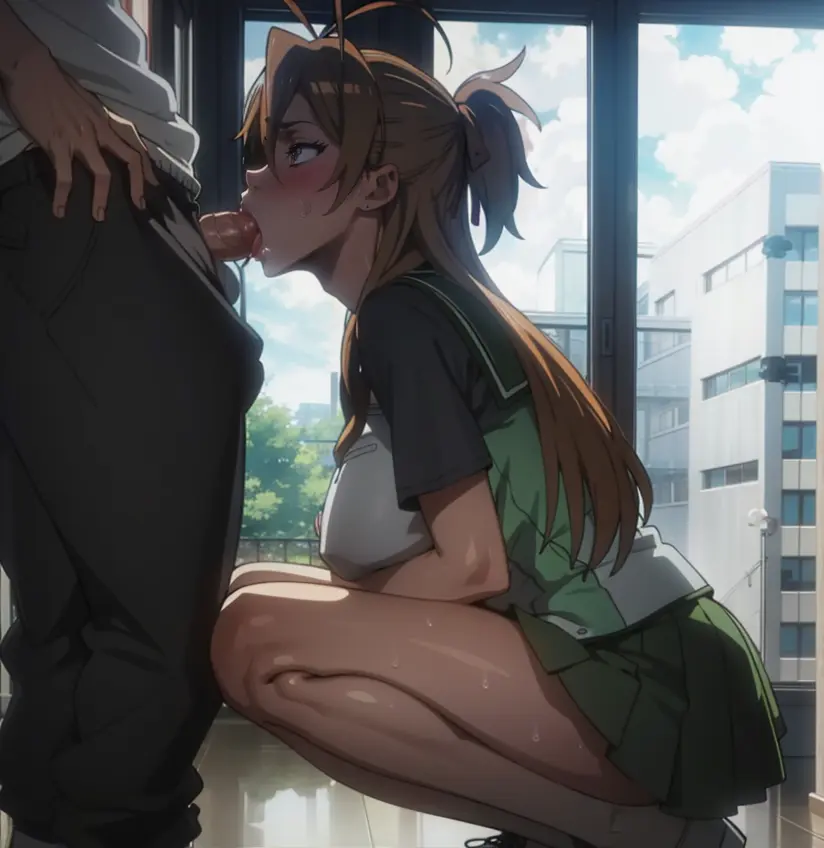 Image blush,brown_eyes,female,long_hair,male,penis,sweat,tongue_out,tongue,fellatio,ai_generated,male/female,schoolgirl,stable_diffusion,sitting,school_uniform,looking_at_partner,brown_hair,saliva,skirt,outside,sucking,highschool_of_the_dead,rei_miyamoto