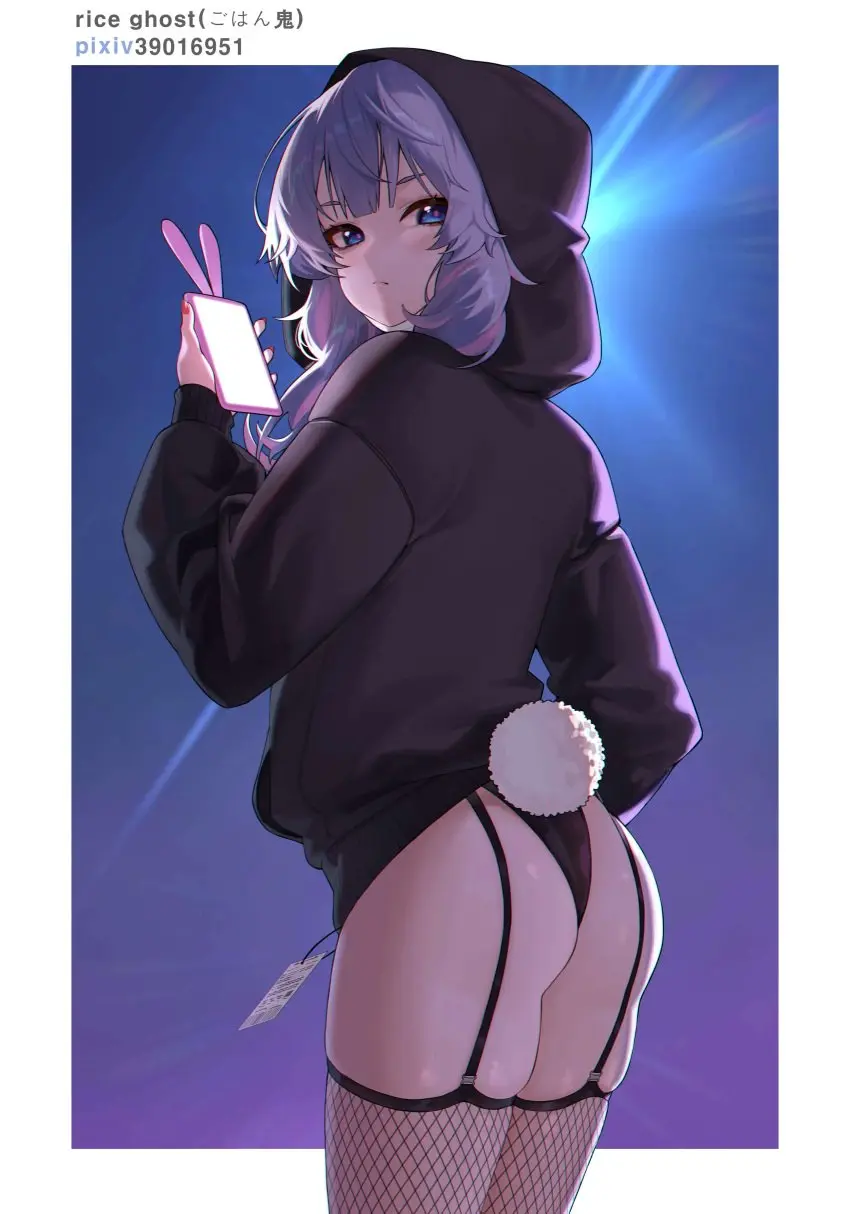 Image clothed,female,blue_eyes,panties,bunny_girl,hatsune_miku,vocaloid,bikini_bottom,hoodie,phone,silver_hair,black_hoodie,rabbit_hole_(vocaloid),rabbit_hole_(deco*27/caststation),riceghost626