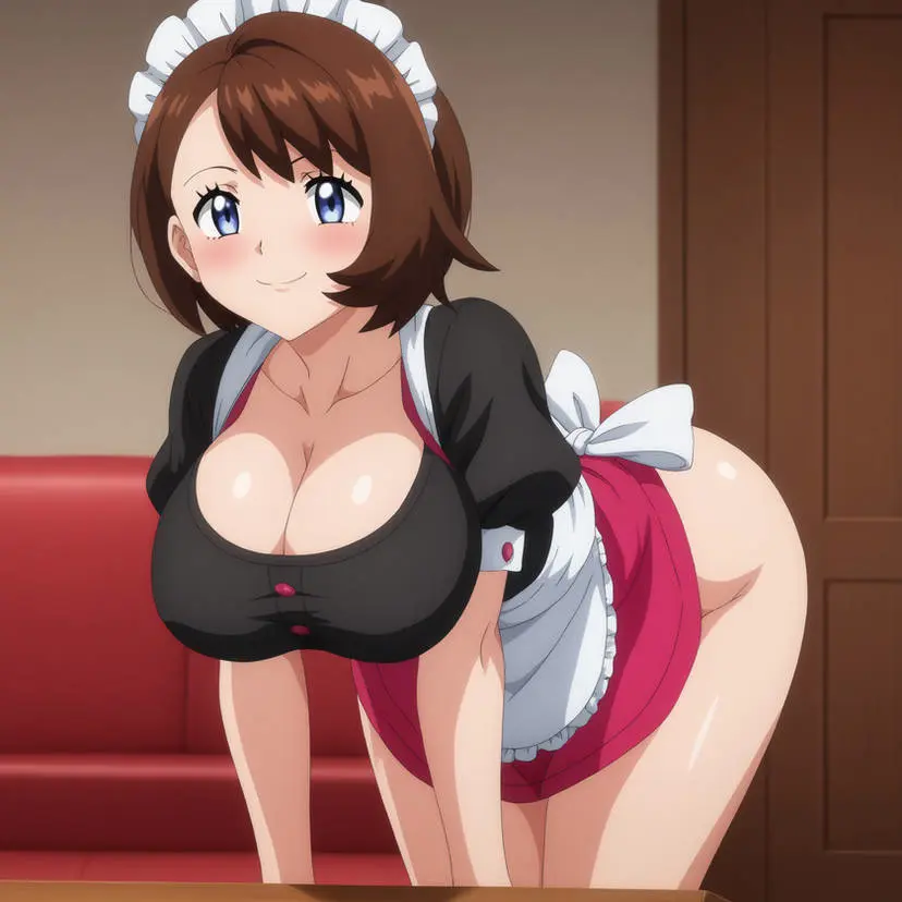 Image big_breasts, blush, breasts, female, female_only, hi_res, highres, smile, solo, bangs, pokemon, thick_thighs, ai_generated, cleavage, stable_diffusion, busty, curvy, brown_hair, nintendo, maid, maid_uniform, bent_over, maid_headdress, facing_viewer, game_freak, pokemon_(game), creatures_(company), gloria_(pokemon), pokemon_ss, maid_apron, pokemon_trainer, seraphim_ai, pony_diffusion_xl, arms_at_sides, black_crop_top