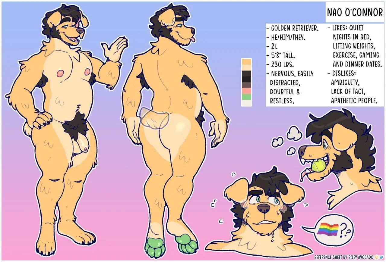 Image open_mouth,simple_background,smile,solo,male,nude,penis,sweat,tongue_out,tongue,ass,humanoid_penis,male_only,open_smile,teeth,balls,hair,anthro,tan_body,text,half-closed_eyes,brown_hair,sweatdrop,flaccid,bird_dog,bodily_fluids,canid,canine,canis,domestic_dog,fur,genitals,hunting_dog,mammal,retriever,paws,yellow_body,yellow_fur,fangs,foreskin,uncircumcised,english_text,narrowed_eyes,male_focus,wide_eyed,humanoid_genitalia,tuft,tan_fur,pubes,pawpads,body_hair,armpit_hair,pink_background,model_sheet,blep,facial_tuft,lgbt_pride,chin_tuft,pride_colors,tennis_ball,golden_retriever,green_pawpads,rainbow_flag,rainbow_pride_colors,rainbow_pride_flag,rainbow_symbol,tennis_ball_in_mouth,ball_(object),nao_o'connor,rileyavocado