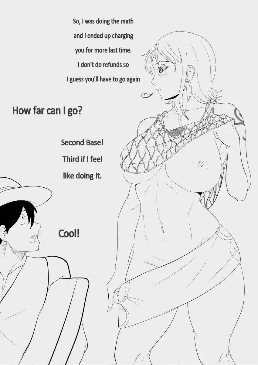 Image big_breasts,breasts,clothing,female,male,one_piece,wide_hips,nami_(one_piece),text,black_and_white,one_breast_out,flashing,no_color,monkey_d_luffy,pre-timeskip,lifting_top,mr.russo,happiness_punch,second_base