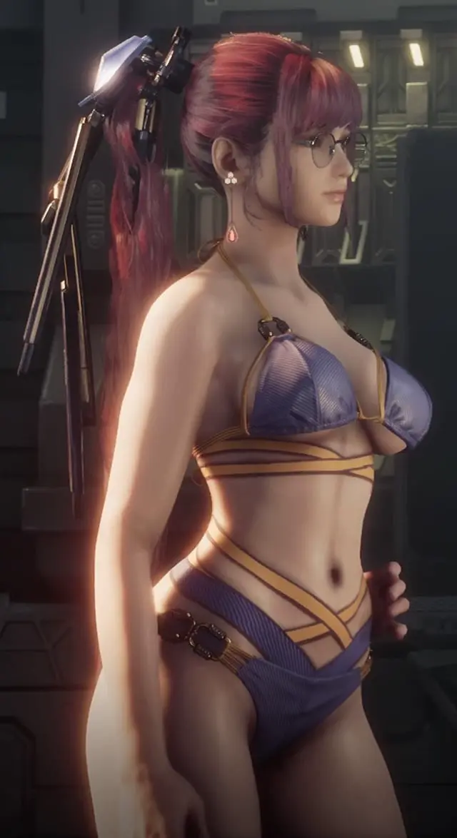 Image 1girls,breasts,female,large_breasts,light-skinned_female,solo,red_hair,bikini,earrings,thighs,ponytail,midriff,solo_female,underboob,glasses,curvy_figure,hand_on_hip,3d,blue_bikini,eve_(stellar_blade),stellar_blade,asian_female,bra_strap,gameplay,gameplay_screenshot