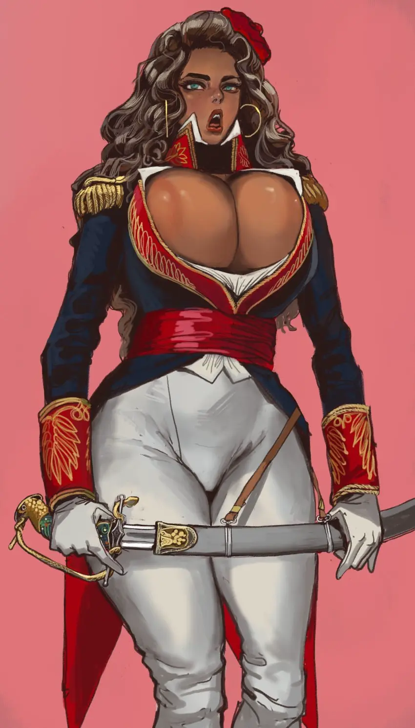 Image 1girls,big_breasts,breasts,female,female_only,highres,large_breasts,no_bra,shiny_skin,solo,hoop_earrings,wide_hips,tan_skin,cleavage,solo_female,huge_breasts,massive_breasts,large_areolae,lipstick,military_uniform,areola_slip,open_jacket,sword,shiny_breasts,countryhumans,country_inc_(yuric_inc),yuric_inc,mossa,mexico_(yuric_inc)