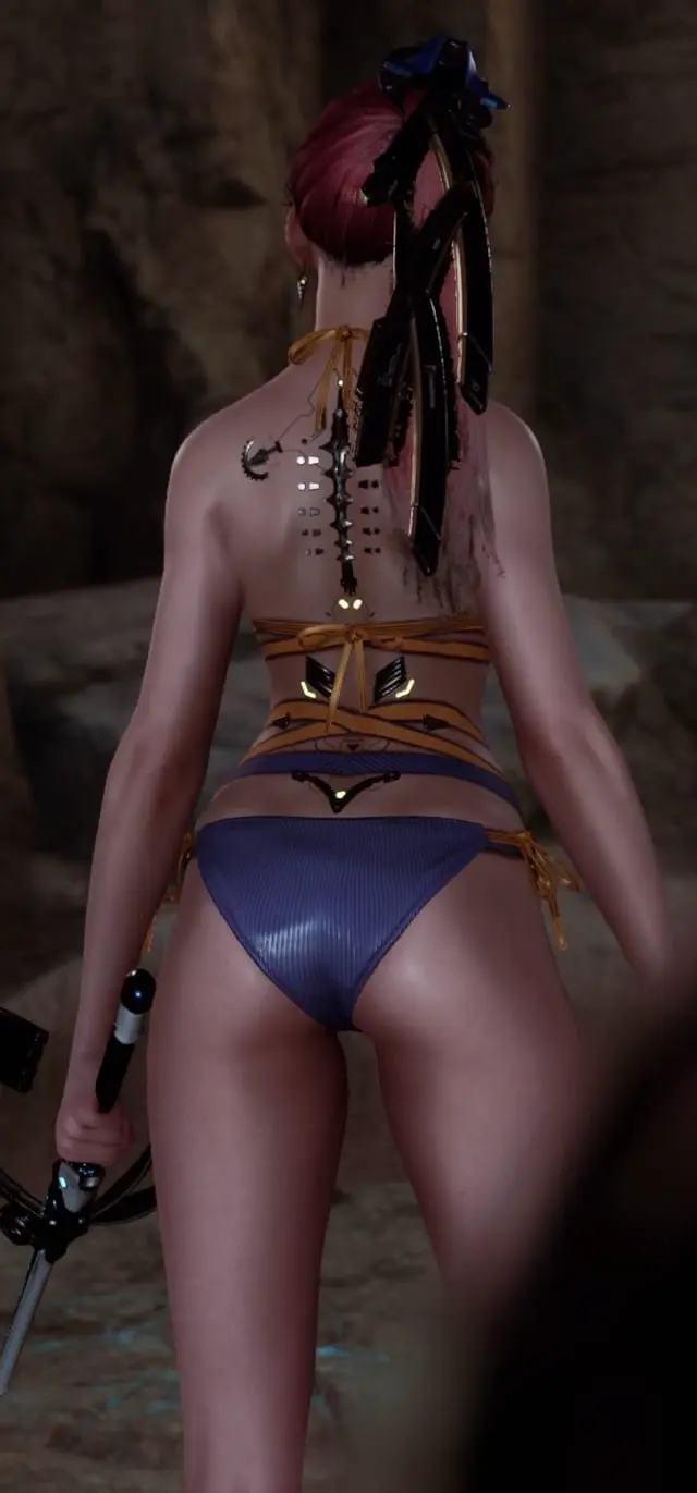 Image 1girls,female,light-skinned_female,solo,red_hair,bikini,ass,thighs,ponytail,solo_female,thigh_gap,3d,blue_bikini,eve_(stellar_blade),stellar_blade,bikini_bottom,asian_female,long_legs,behind_view,mechanical,gameplay,gameplay_screenshot,mechanical_spine