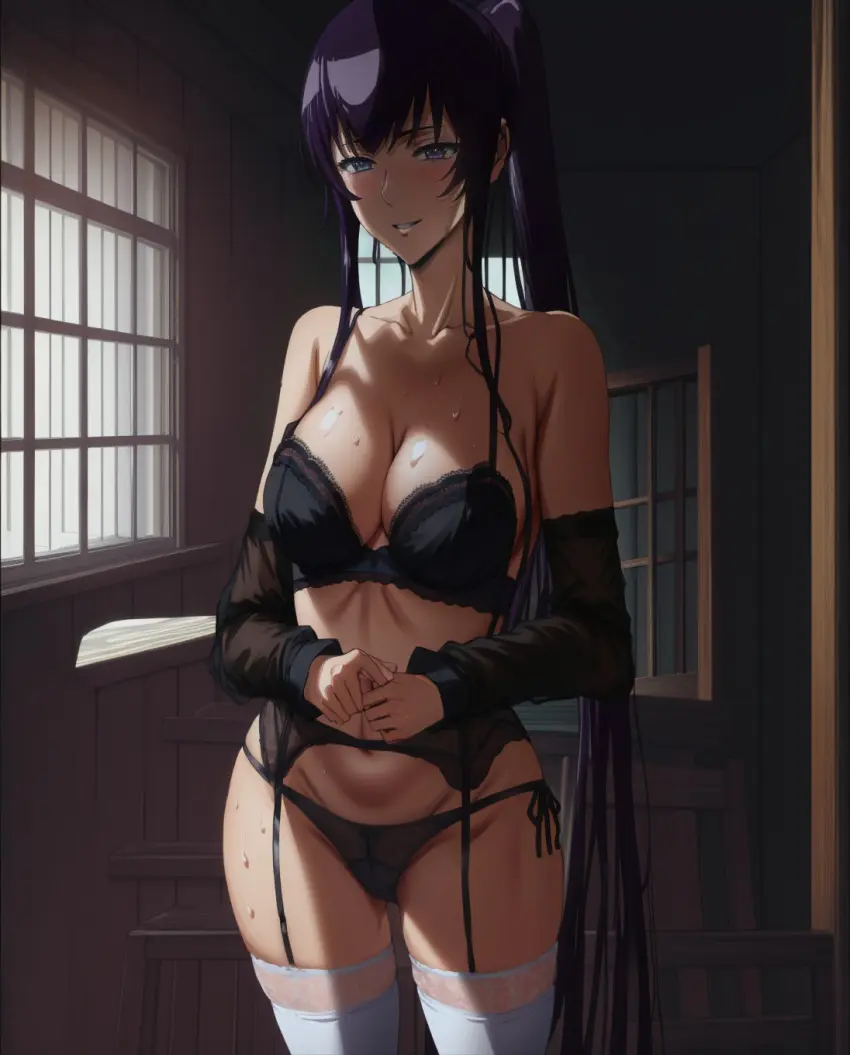 Image 1girls,blush,breasts,female,long_hair,looking_at_viewer,smile,standing,blue_eyes,sweat,bra,panties,ponytail,ai_generated,belly,collarbone,lingerie,stable_diffusion,stockings,purple_hair,indoors,highschool_of_the_dead,saeko_busujima