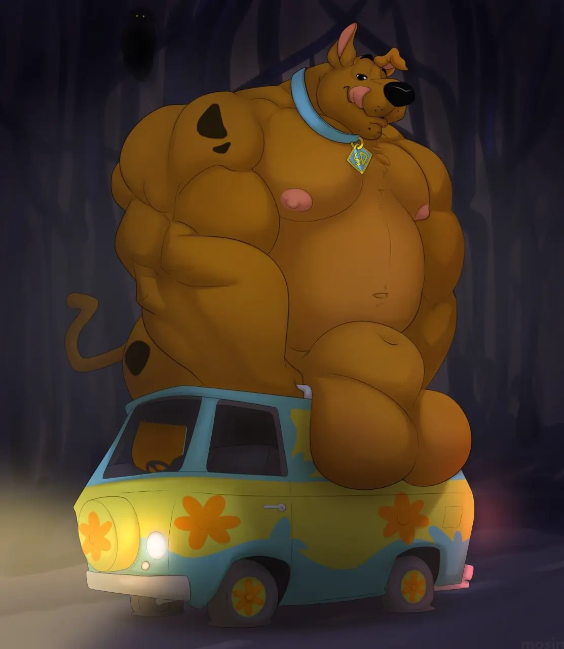 Image hi_res,looking_at_viewer,nipples,solo,standing,licking,male,navel,tail,tongue_out,tongue,muscular,muscular_male,areola,pink_nipples,male_only,belly,big_belly,digital_drawing_(artwork),digital_media_(artwork),balls,anthro,testicles,half-closed_eyes,night,big_balls,2022,collar,canid,canine,canis,domestic_dog,fur,genitals,mammal,muscular_anthro,licking_lips,black_nose,narrowed_eyes,huge_balls,biped,pink_areola,anthrofied,tree,male_focus,front_view,brown_fur,forest,animal_genitalia,markings,plant,sheath,brown_body,overweight,macro,overweight_male,vehicle,hanna-barbera,leaning_on_object,spots,fur_markings,long_tail,overweight_anthro,musclegut,scooby-doo,black_spots,mastiff,molosser,thin_tail,truck_(vehicle),big_sheath,great_dane,blue_collar,scooby-doo_(character),huge_sheath,medium_truck,mosin,flat_tire,mystery_machine