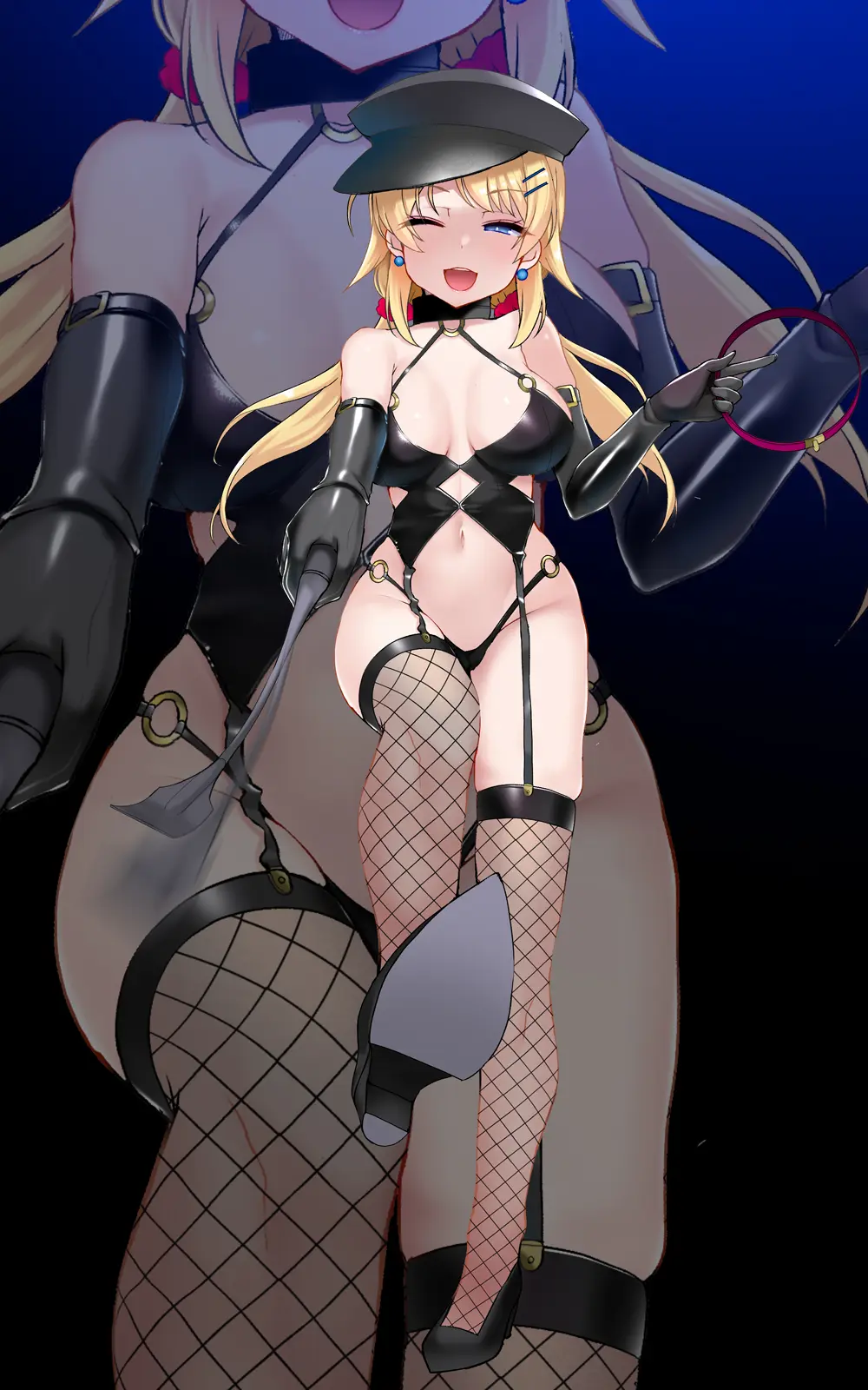 Image 1girls,breasts,clothed,female,long_hair,open_mouth,solo,blue_eyes,elbow_gloves,gloves,navel,thighhighs,panties,underwear,earrings,female_focus,hat,thighs,belly_button,solo_focus,piercing,blonde_hair,one_eye_closed,wink,black_panties,twintails,collar,heels,high_heels,latex,scrunchie,revealing_clothes,idolmaster,ear_piercing,hairpin,dominant,fishnets,dominant_female,garter_belt,shoes,latex_gloves,garter_straps,dominatrix,bondage_outfit,whip,idolmaster_shiny_colors,crop,riding_crop,footwear_fetish,hachimiya_meguru,okuri_banto