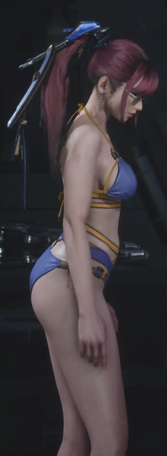 Image 1girls,breasts,female,large_breasts,light-skinned_female,solo,red_hair,bikini,ass,thighs,ponytail,hips,side_view,glasses,curvy,3d,blue_bikini,eve_(stellar_blade),stellar_blade,asian_female,long_legs,bra_strap,gameplay,gameplay_screenshot,yellow_stripes