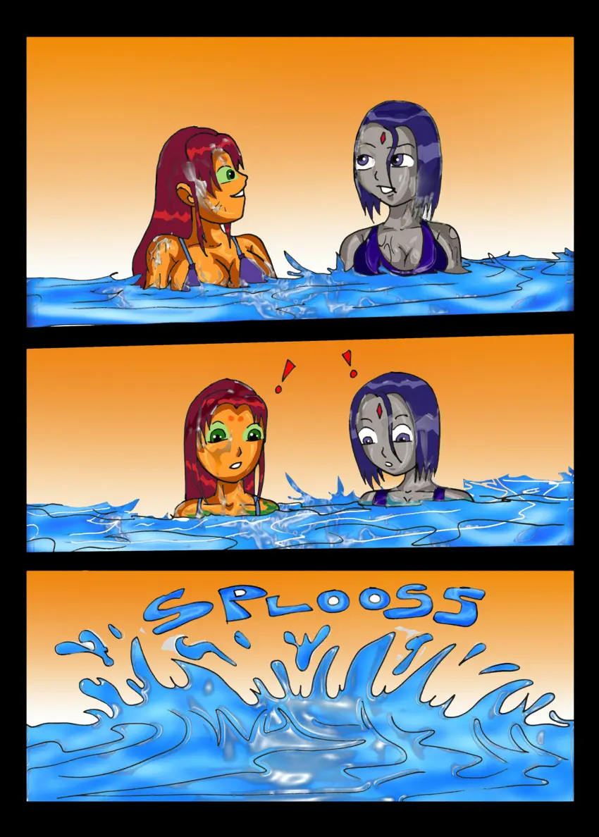 Image female,female_only,2girls,multiple_girls,bikini,female_focus,water,comic,dc,dc_comics,goth,goth_girl,toonami,teen_titans,cartoon_network,starfire,raven_(dc),10s,part_2,2010,2010s,archangemon