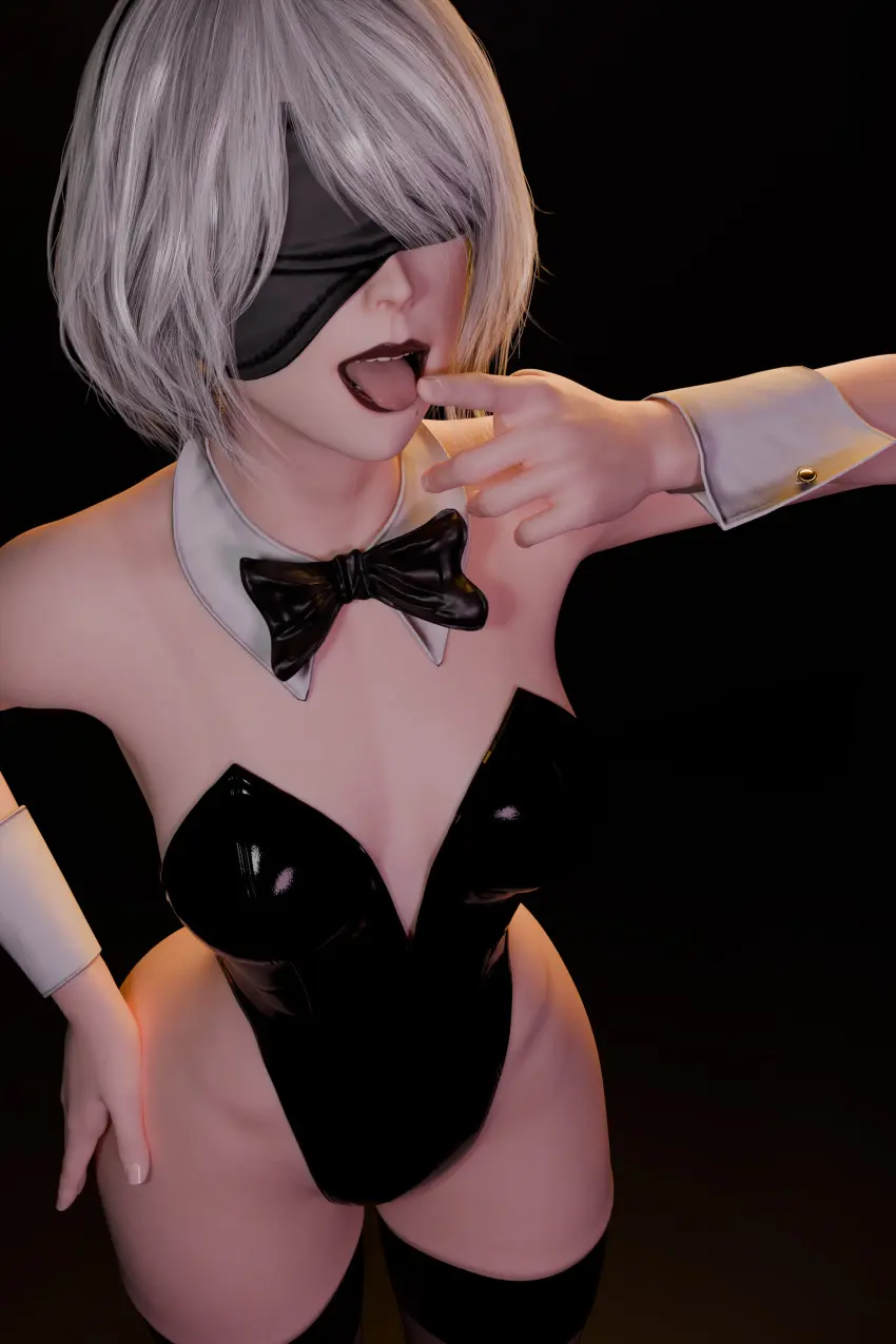 Image 1girls,female,female_only,grey_hair,light-skinned_female,open_mouth,short_hair,tongue_out,female_focus,wide_hips,solo_female,eyewear,hand_on_hip,3d,blender,collar,leotard,cuffs_(clothing),nier:_automata,yorha_2b,nier_(series),enigmaj,pointing_at_mouth