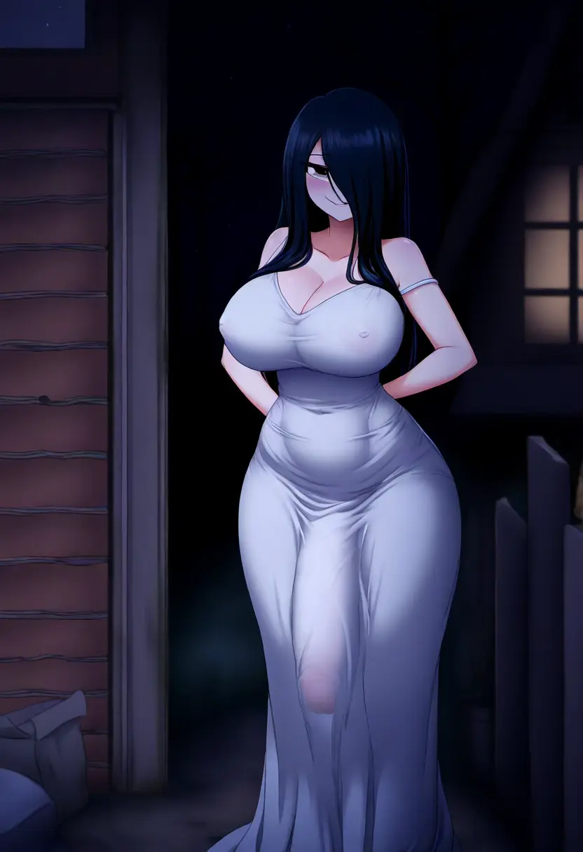 Image breasts,large_breasts,solo,black_hair,penis,futanari,intersex,ai_generated,futa_only,ghost,large_penis,penis_under_clothes,ghost_girl,timaku