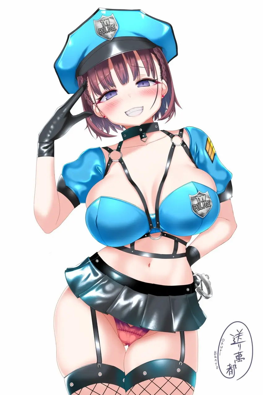 Image 1girls,blush,breasts,clothed,female,female_only,large_breasts,simple_background,solo,blue_eyes,gloves,navel,short_hair,thighhighs,choker,panties,underwear,earrings,female_focus,hat,thighs,belly_button,solo_focus,piercing,stockings,brown_hair,braid,miniskirt,skirt,artist_signature,revealing_clothes,ear_piercing,eyeshadow,fishnets,skimpy_clothes,microskirt,signature,garter_belt,fully_clothed,uniform,police,pink_panties,saluting,salute,harness,handcuffs,police_uniform,policewoman,panty_peek,police_officer,hand_cuffs,police_hat,police_badge,getsuyoubi_no_tawawa,ai-chan_(tawawa),okuri_banto