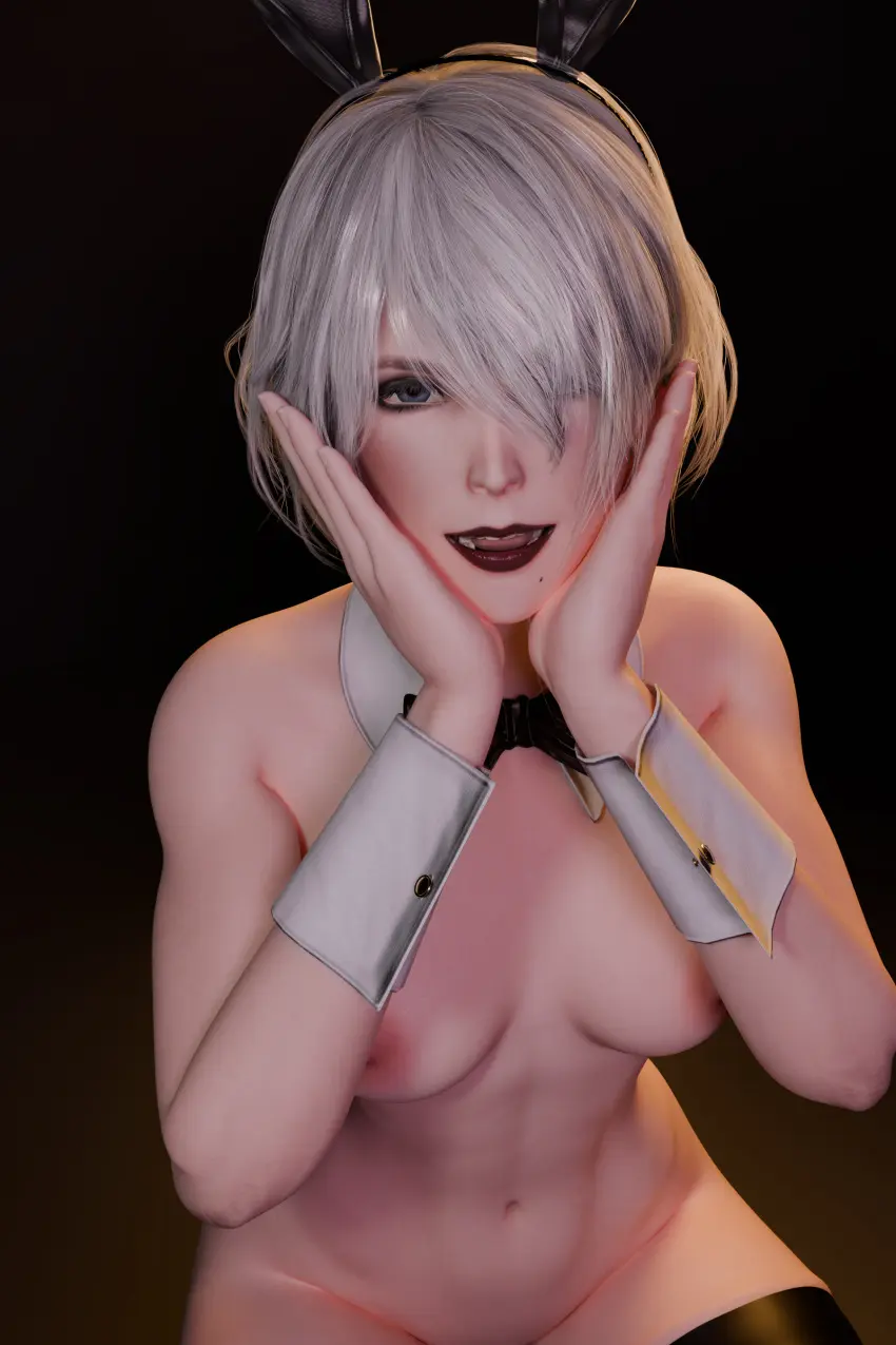 Image 1girls,breasts,female,female_only,grey_hair,light-skinned_female,looking_at_viewer,open_mouth,blue_eyes,short_hair,female_focus,solo_female,bunny_ears,3d,blender,abs,cuffs_(clothing),bare_breasts,nier:_automata,yorha_2b,nier_(series),hands_on_face,enigmaj