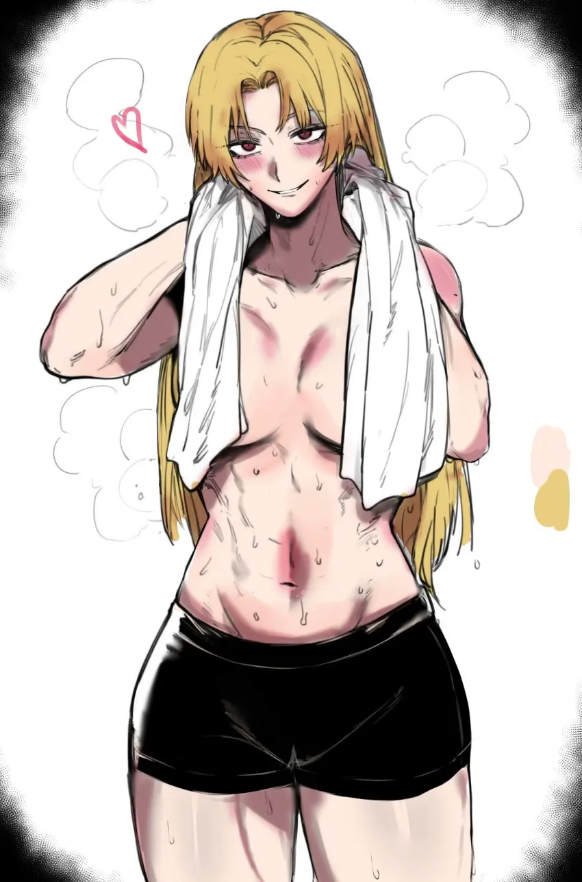 Image 1girls,blush,breasts,breasts_out,female,sweat,thick_thighs,thighs,belly,color,solo_female,blonde_hair,sweatdrop,topless,shorts,towel,jujutsu_kaisen,yuki_tsukumo,color_edit,towel_around_neck,manga,masoq095
