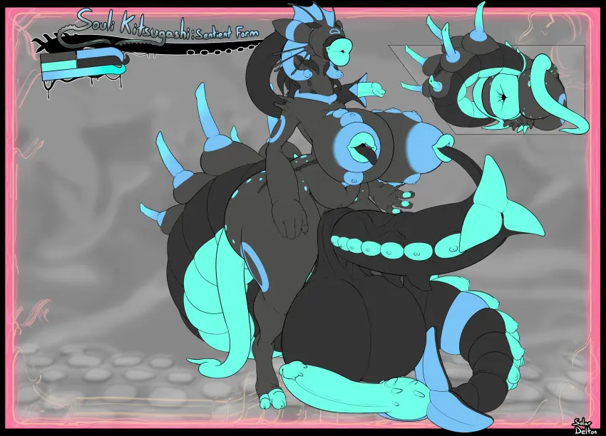 Image breasts,hi_res,solo,penis,futanari,intersex,anthro,absurd_res,genitals,black_body,herm,markings,blue_markings,penis_creature,nipple_mouth,souli_(character),erogenetian