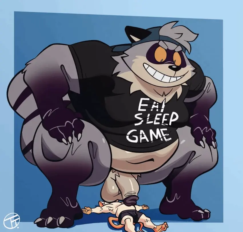 Image clothing,hi_res,open_mouth,shirt,smile,male,navel,lying,duo,male/male,belly,big_belly,size_difference,anthro,animated,grey_body,mammal,2024,white_body,raccoon,mouse,murid,hybrid,topwear,overweight,murine,rodent,micro,moobs,overweight_male,procyonid,superchub,teabag,trashtoonz