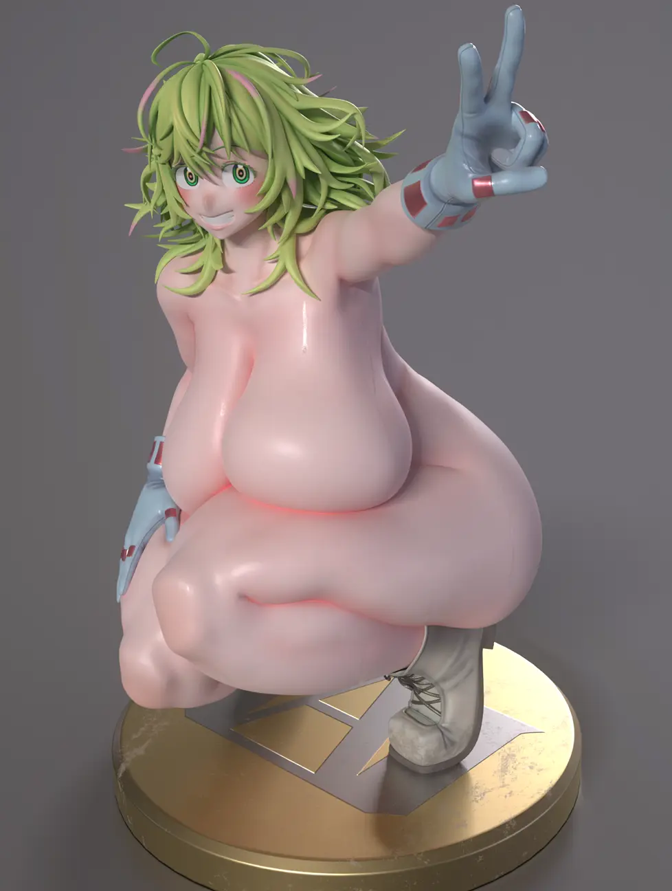 Image 1girls,blush,breasts,female,female_only,looking_at_viewer,smile,solo,gloves,nude,sweat,thick_thighs,voluptuous,cleavage,huge_breasts,green_eyes,my_hero_academia,3d,green_hair,naked_footwear,v,tooru_hagakure,usukeninja