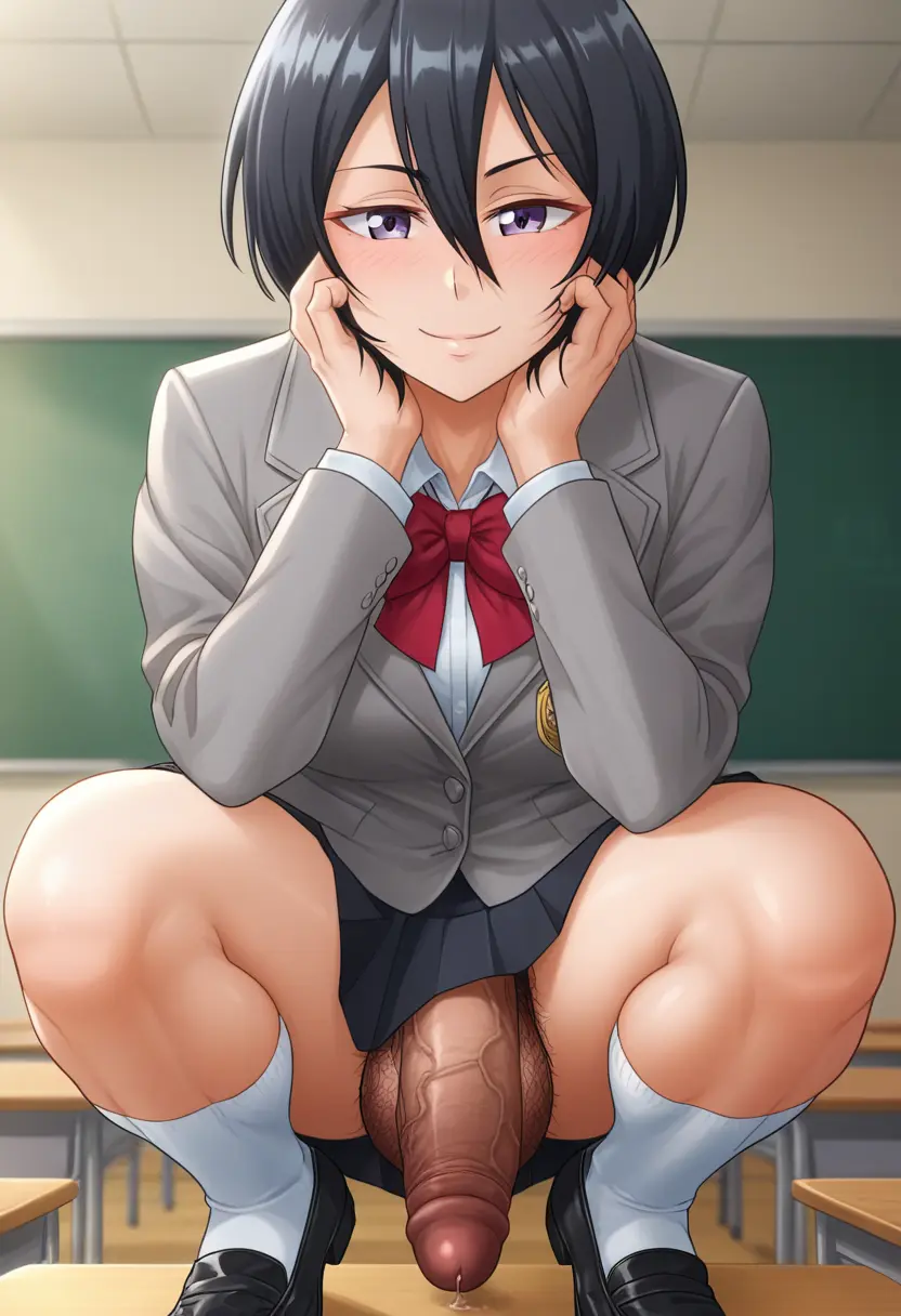 Image blush,bow,looking_at_viewer,smile,solo,black_hair,penis,short_hair,1futa,futanari,intersex,ai_generated,balls,hair,huge_cock,veiny_penis,testicles,purple_eyes,school_uniform,futa_only,socks,indoors,pubic_hair,hair_between_eyes,big_balls,flaccid,skirt,precum,pleated_skirt,jacket,squatting,thick_penis,bleach,vein,shoes,kuchiki_rukia,chalkboard,classroom,bowtie,facing_viewer,black_footwear,school_desk,kneehighs,white_socks,desk,babski326,red_bow,loafers,uwabaki,grey_skirt,darkened_genitalia,grey_jacket,footwear_fetish,muchin_(style)
