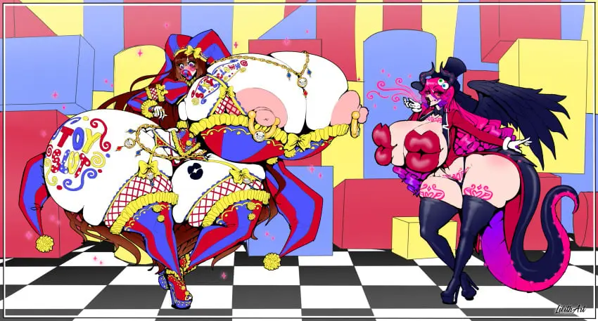 Image blush,breasts,female,female_only,nipples,2girls,multiple_girls,tail,ass,huge_ass,thick_thighs,duo,tattoo,size_difference,huge_breasts,hyper_breasts,dress,demon,demon_girl,bimbo,high_heels,surprised,thick_lips,skimpy,nipple_piercing,transformation,hyper_ass,hyper,cosplay,succubus,clown,blowing_kiss,pomni_(the_amazing_digital_circus),the_amazing_digital_circus,caine_(the_amazing_digital_circus),transformed,bubble_(the_amazing_digital_circus),lilith_(lilith_art),lilith_art,lipples