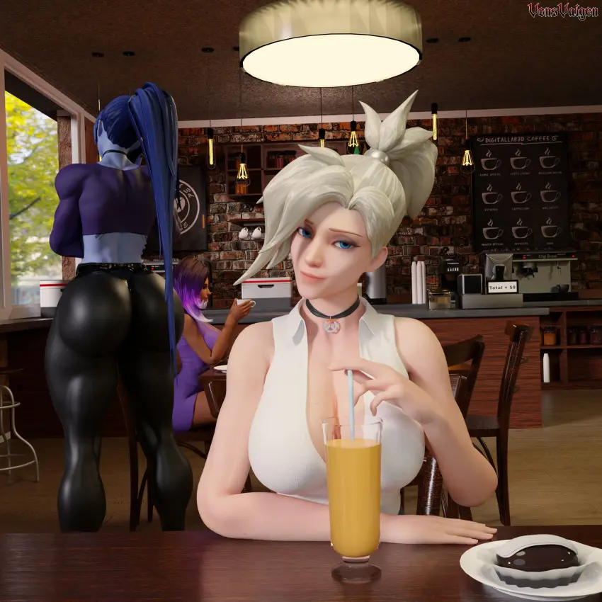 Image big_breasts,breasts,female,female_only,looking_at_viewer,blue_hair,yellow_eyes,ass,big_ass,thick_thighs,ponytail,dark_skin,muscular,wide_hips,tattoo,purple_skin,dark-skinned_female,3d,fit,fit_female,black_fingernails,3girls,abs,thunder_thighs,muscular_female,black_nails,overwatch,overwatch_2,blizzard_entertainment,muscular_thighs,widowmaker,olivia_colomar,sombra,oiled,oiled_skin,tights,mercy,amelie_lacroix,black_thong,purple-skinned_female,oily,cafe,angela_ziegler,tattoo_on_stomach,vonsvaigen,coffee_shop