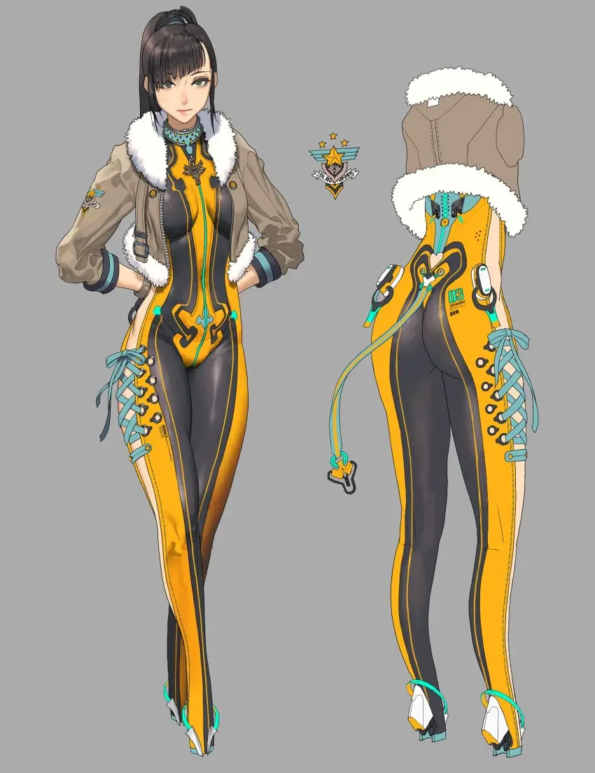 Image 1girls,breasts,female,solo,black_hair,choker,ponytail,solo_female,curvy_figure,hourglass_figure,heels,fur_trim,jacket,bodysuit,large_ass,eve_(stellar_blade),stellar_blade,asian_female,ribbons,long_legs,official_art,concept_art,mechanical,heart_cutout,side_slit,skintight,fur-trimmed_jacket,slit,mechanical_spine,bomber_jacket,aviator_jacket,black_and_yellow,compression_clothing
