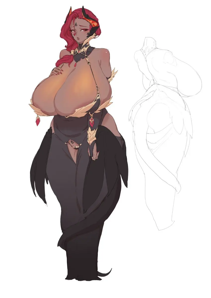 Image 1girls,breasts,female,red_head,gigantic_breasts,dark-skinned_female,revealing_clothes,chubby,chubby_female,scales,dragon_girl,dragon_tail,dragon_horns,dragon_wings,revealing_dress,goblin_potato