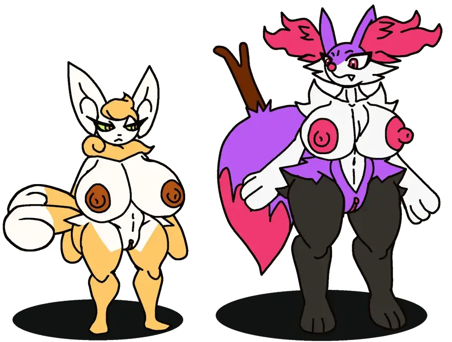 Image big_breasts,breasts,female,female_only,nipples,pokemon,pokemon_(species),pussy,shiny_pokemon,furry,thick_thighs,duo,anthro,canine,looking_at_another,feline,anthro_only,pokémon_(species),braixen,transparent_background,meowstic,shiny_braixen,groovemanyulameister,shiny_meowstic