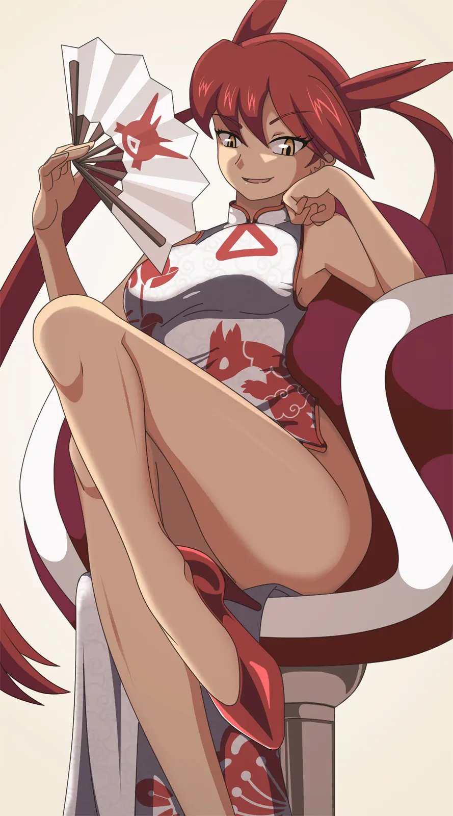 Image 1girls,female,humanized,pokemon,pokemon_(species),yellow_eyes,red_hair,sitting,high_heels,fan,latias,gijinka,pokemon_adventures,latias_(pokemon_adventures),vivivoovoo
