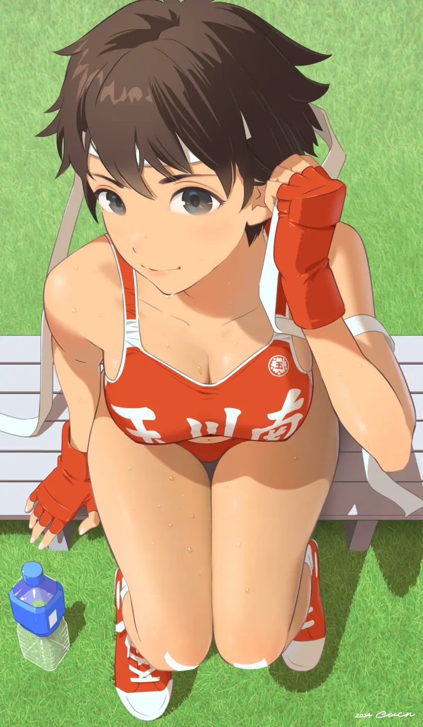 Image 1girls,breasts,brown_eyes,female,hi_res,looking_at_viewer,shiny_skin,solo,gloves,short_hair,sweat,thighs,athletic,artist_name,cleavage,covered_nipples,headband,shadow,shiny,thigh_gap,medium_breasts,from_above,sitting,brown_hair,outdoors,revealing_clothes,2024,fingerless_gloves,matching_hair/eyes,athletic_female,signature,dark_brown_hair,tank_top,shoes,grass,capcom,street_fighter,sneakers,converse,bench,sakura_kasugano,buruma,track_and_field,footwear_fetish,hachimaki,cacn,street_fighter_alpha_2,track_uniform
