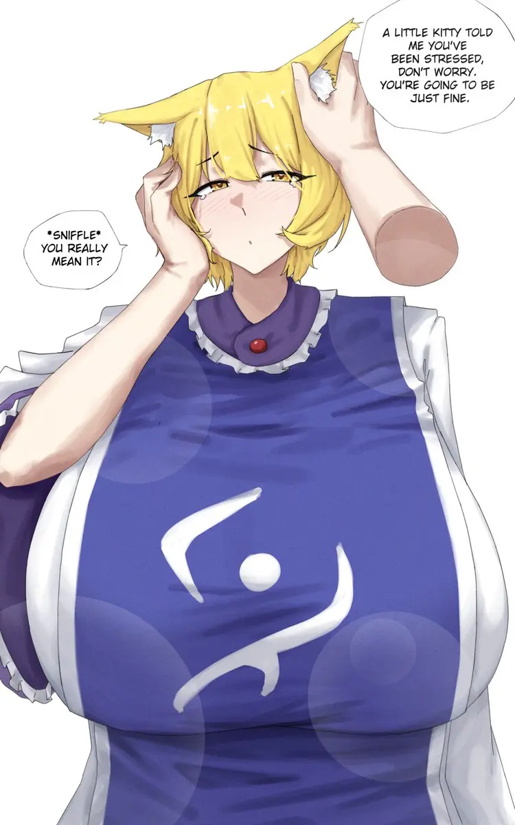 Image 1girls,big_breasts,breasts,female,light-skinned_female,touhou,white_background,yellow_eyes,clothed_female,text,gigantic_breasts,blonde_hair,mature_female,fox_ears,fox_girl,english_text,yellow_hair,text_bubble,talking_to_viewer,wholesome,disembodied_hand,no_sex,ran_yakumo,omikami